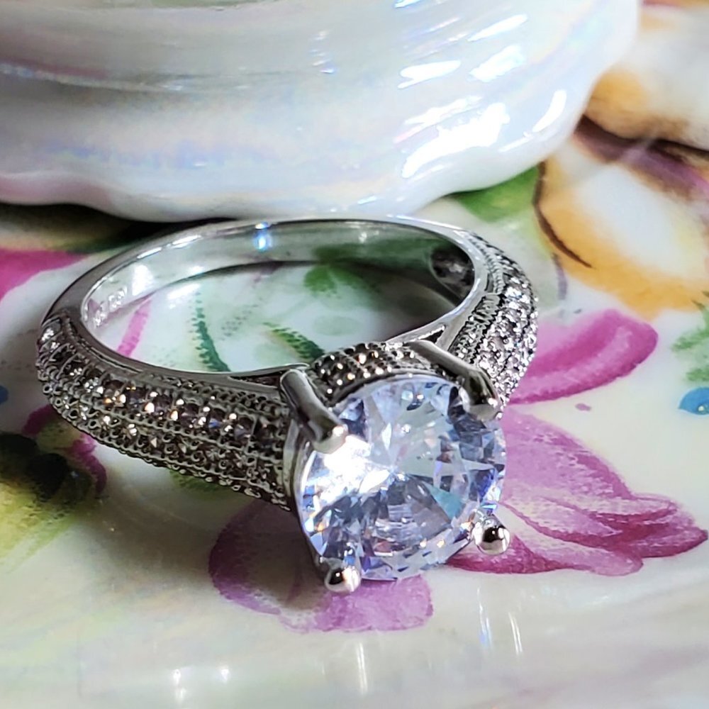 Xena Engagement Ring - 18K Platinum Plated Copper - Pave CZ- Crown Setting.